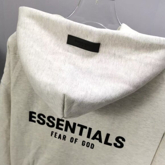 Fear of God Essentials SS22 Light Oatmeal Logo Flocked Hooded Sweatshirt for Men - Picture 7 of 9